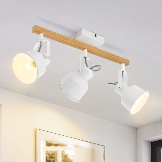 NETTLIFE Takspotlight med 3 lågor, 350° justerbar, vintage E14, högkvalitativ design med träådringsmönster