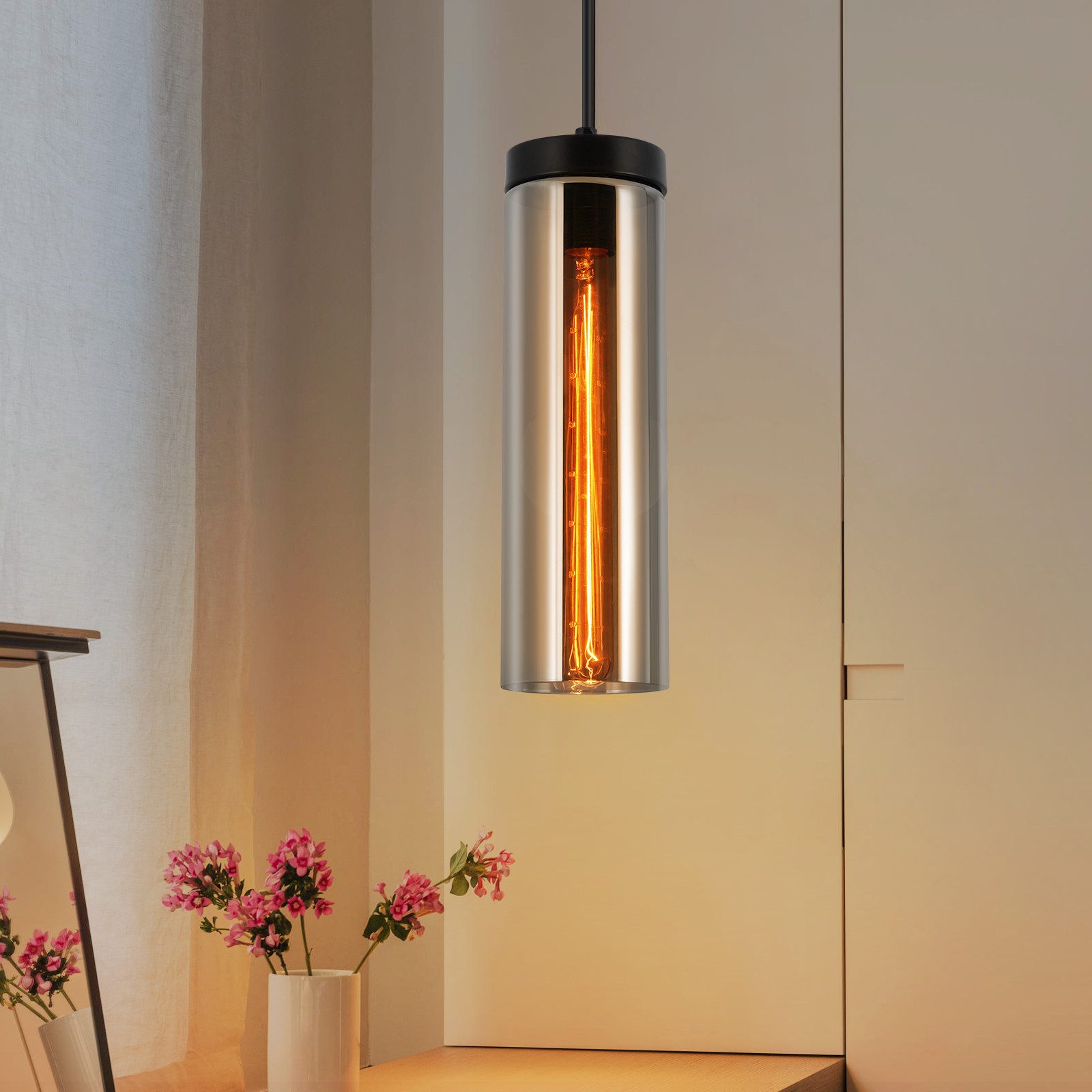 NETTLIFE Retro, mattsvart, glas, hängande lampa, för matbord, 1 låga, E27