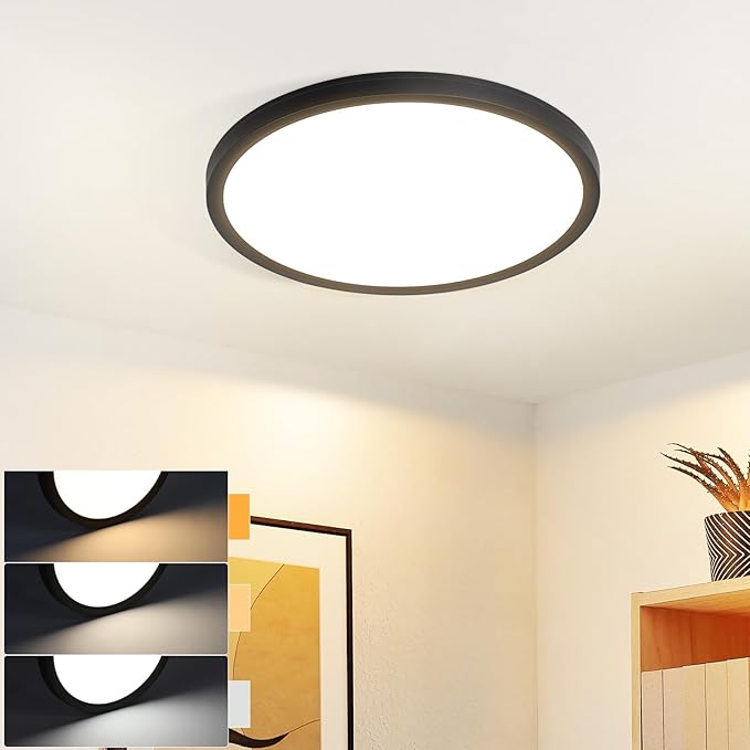 NETTLIFE platt LED-taklampa för sovrum, svart, 18 cm, 15 W, dimbar badrumslampa