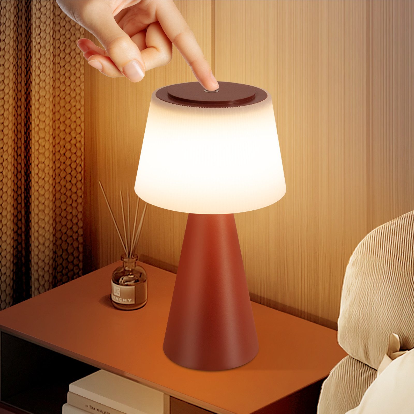 NETTLIFE Batteridriven bordslampa, LED - nattlampa - 3600mh A, Trådlös, dimbar Touch-lampa med USB - uppladdningsbar, rött batteri