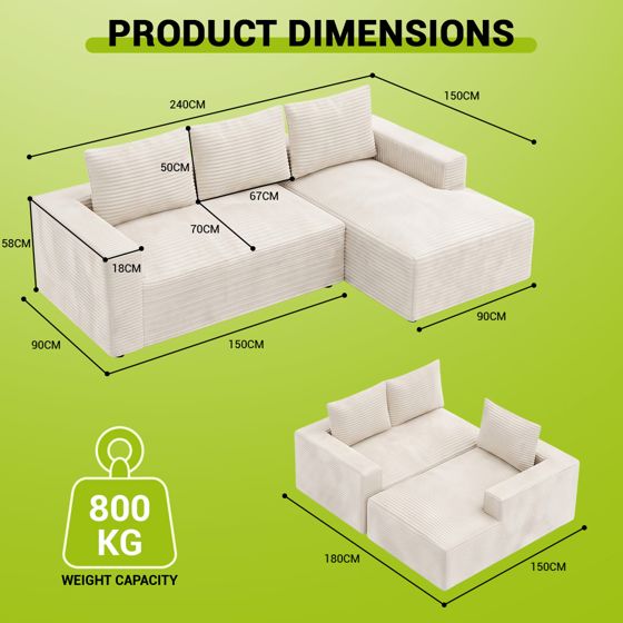 Modulsoffa L formad hörnsoffa mjukt manchestertyg högdensitetsskum flexibel design för vardagsrum och avkoppling Grå