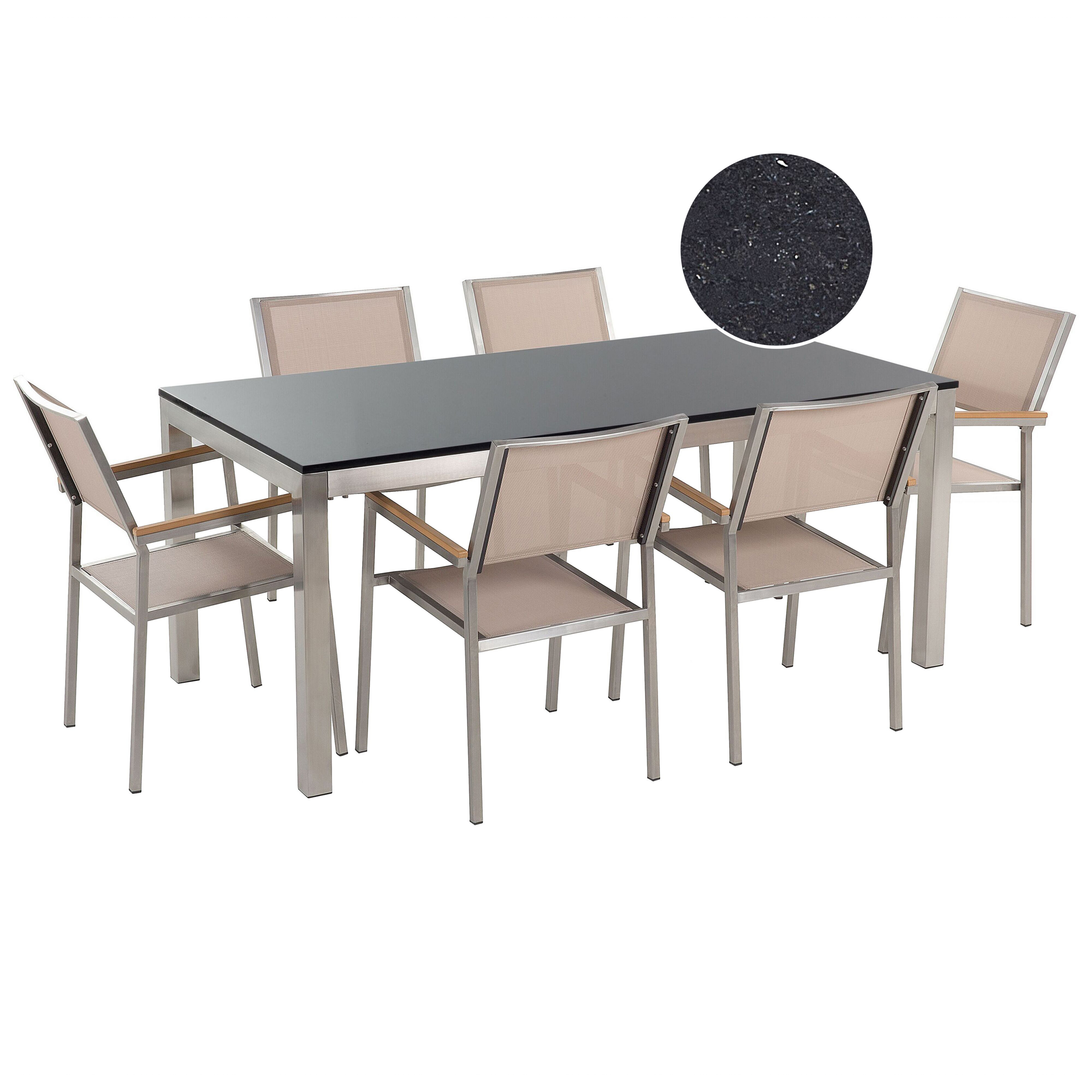Trädgårdsmatgrupp 6-sits GROSSETO Granit Polerad Svart/ Beige