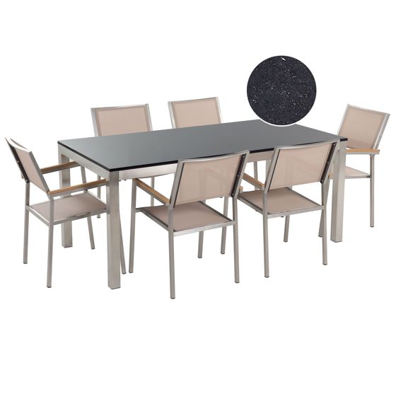 Trädgårdsmatgrupp 6-sits GROSSETO Granit Polerad Svart/ Beige