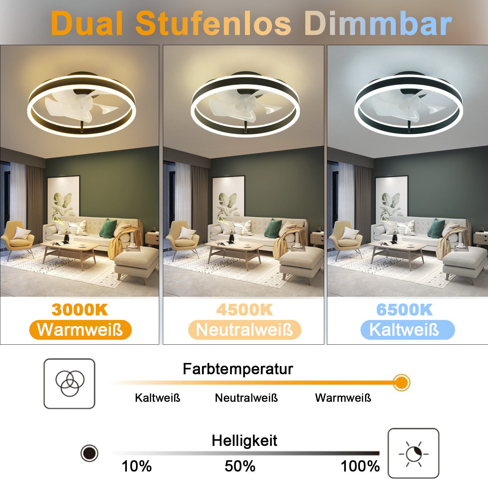 NETTLIFECeilingfläkt med belysning, 34W, 40cm, tyst, dimbar, 3 färgtemperaturer och 6 hastigheter med fjärrkontroll