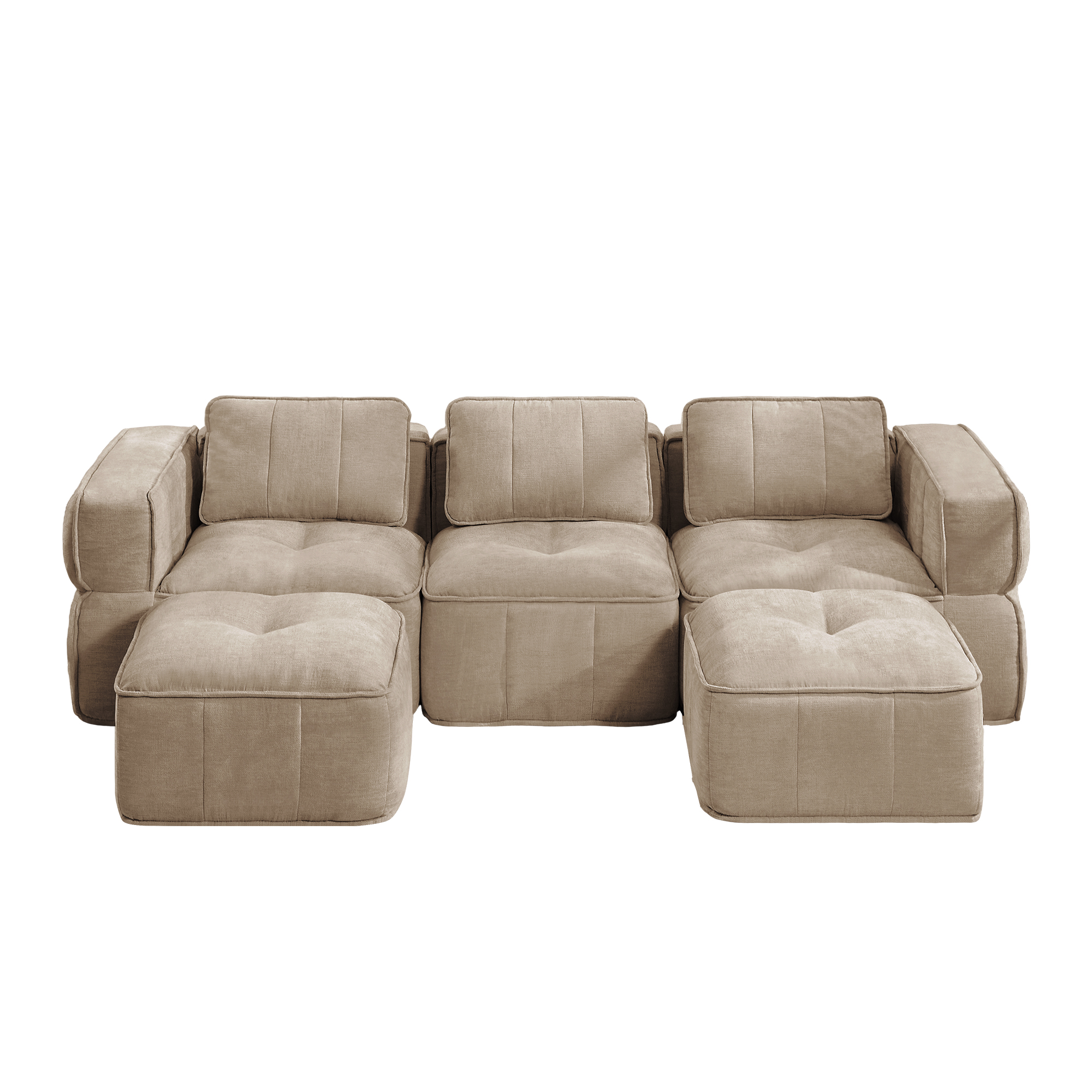 3-sitssoffa med 2 fotpallar, minimalistisk, polyester-sandfärgad