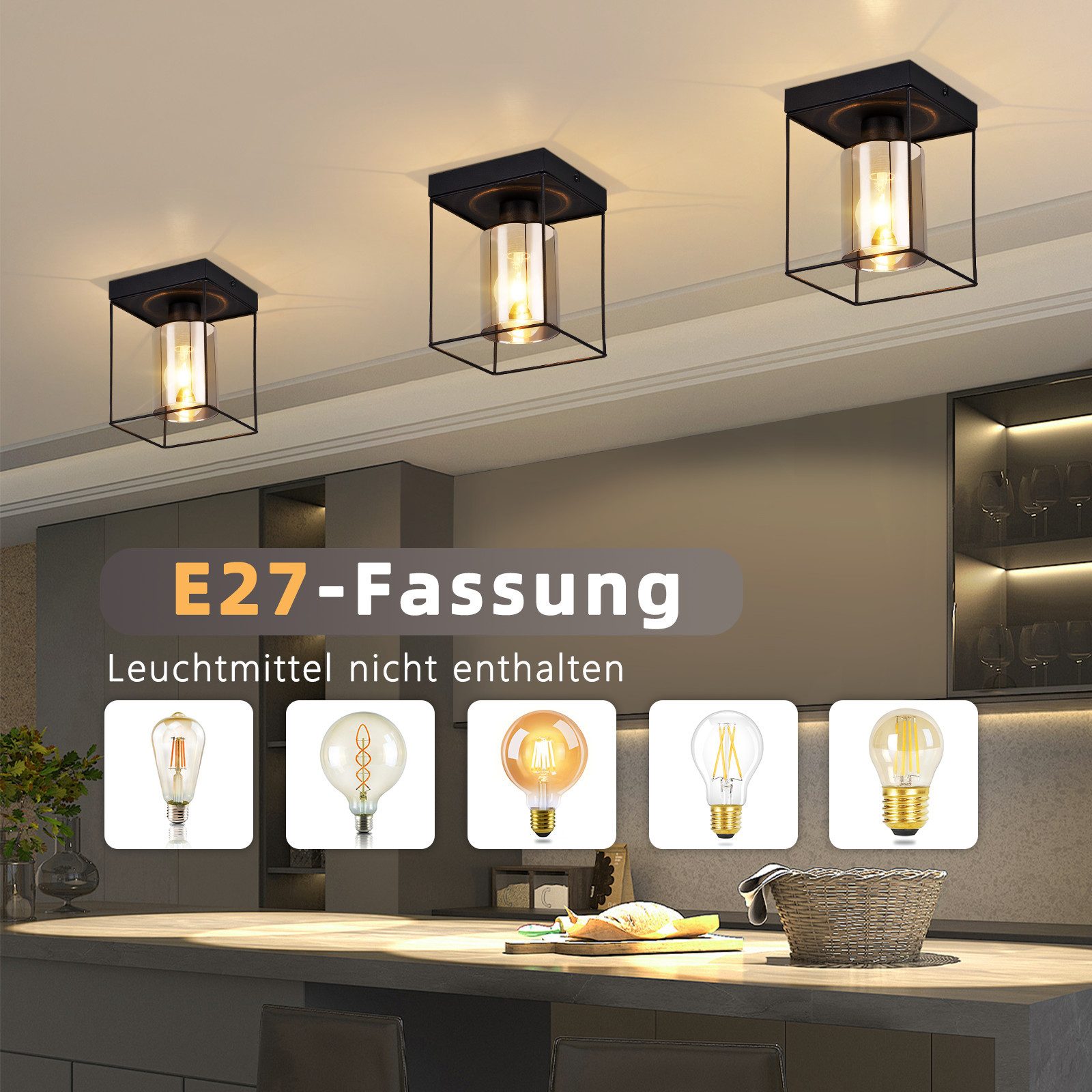NETTLIFE - taklampa för hallen, taklampa i glas, 1 lampa, E27, vintagestil, svart metall, retro, industriell stil