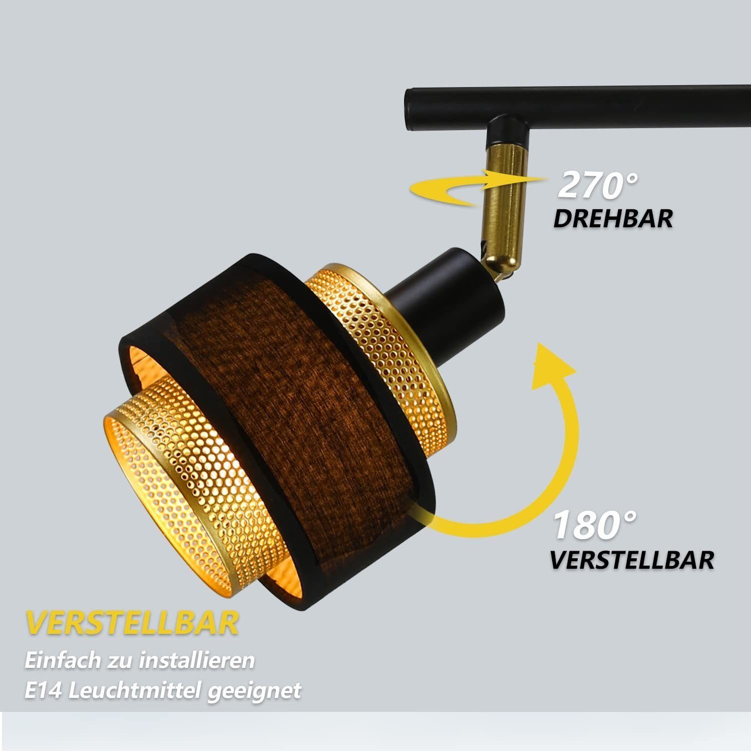 NETTLIFE Taklampa med 3 ljuskällor, E14, svart, vintagestil, retroflamma, för sovrum, gyllene metall, justerbar, industriell stil