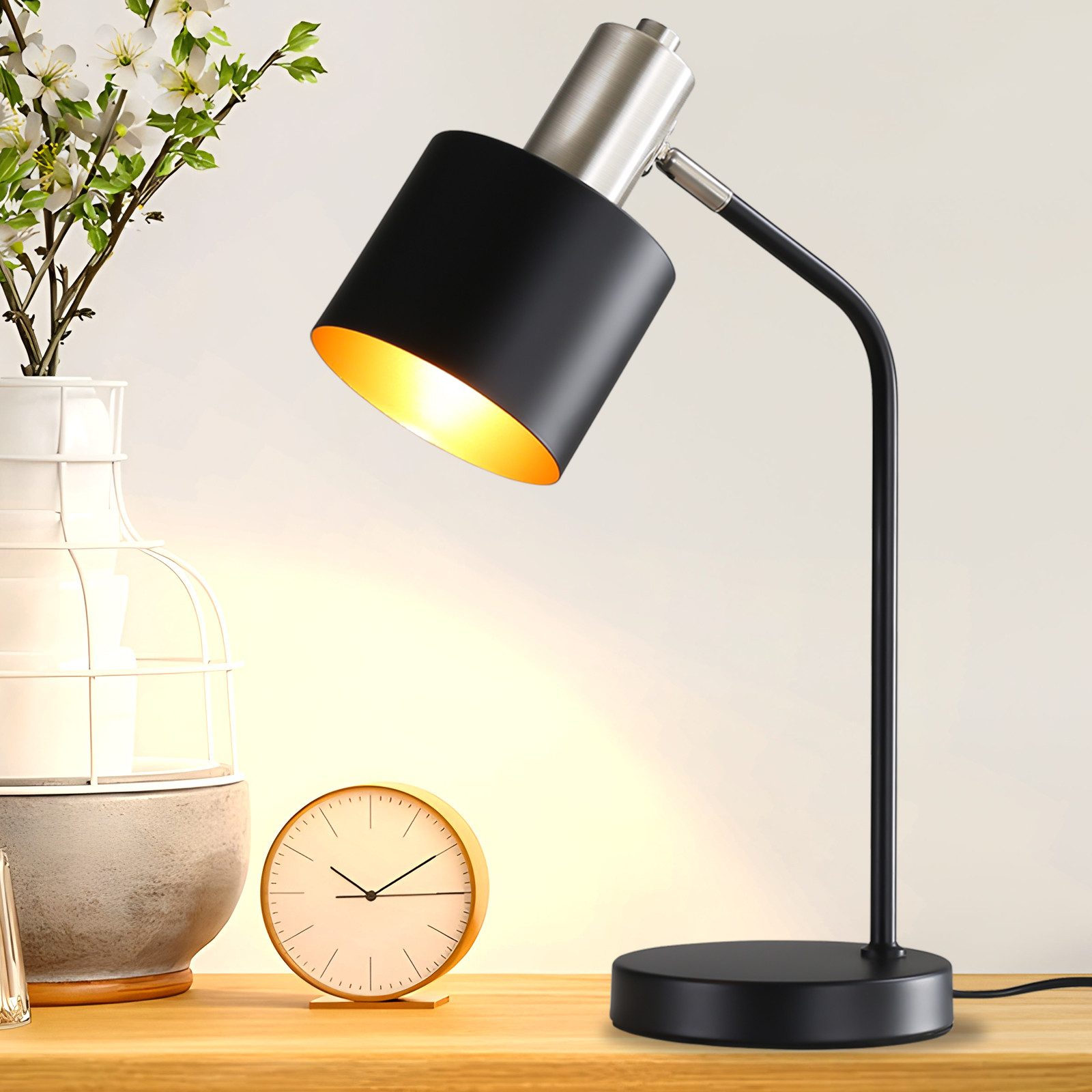 NETTLIFE Vintage - sänglampa, E27-sladd, svart och guld, bordslampa, roterande, läslampa