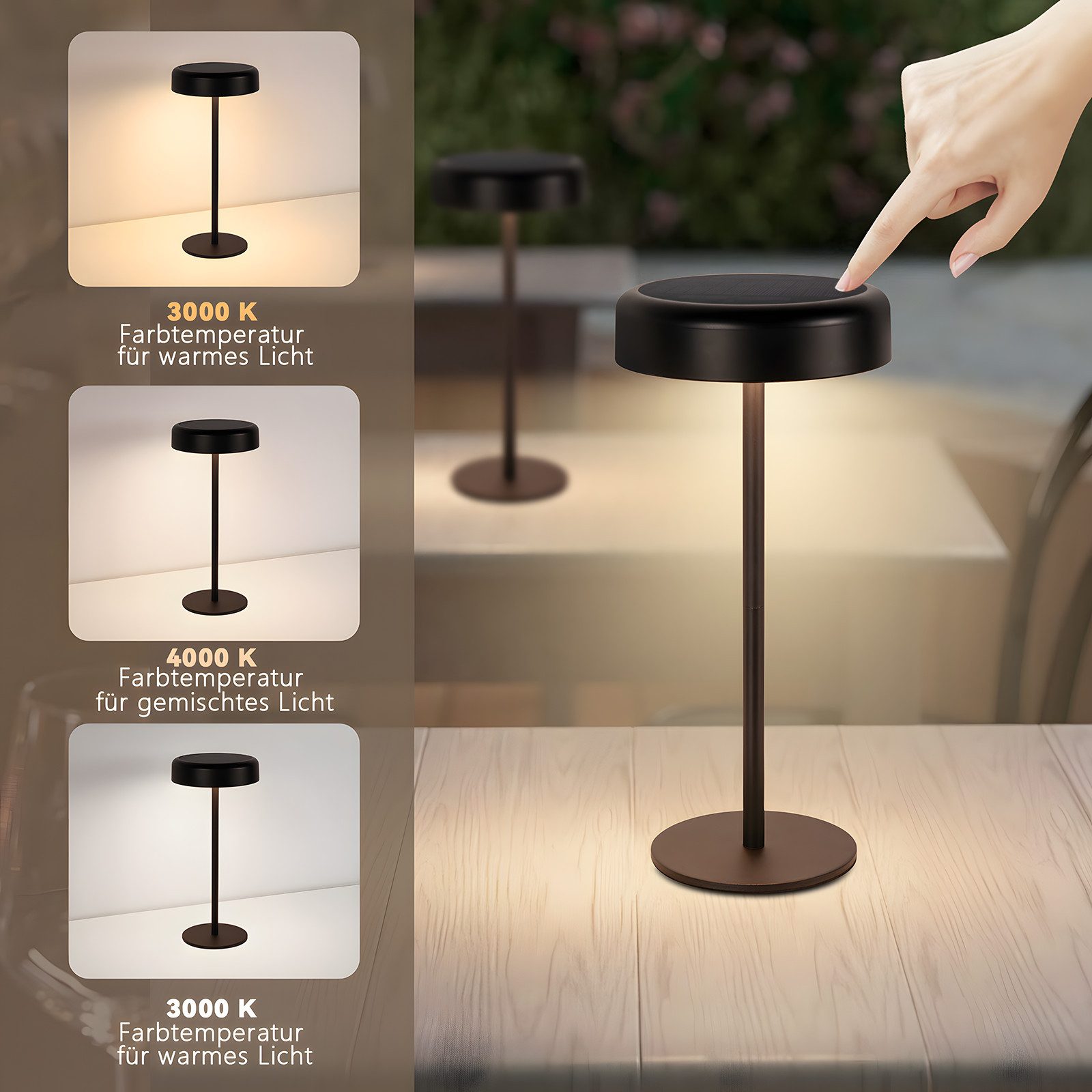 NETTLIFE soldriven LED-bordslampa trådlös uppladdningsbar pekskärm dimbar svart 3600mhA med USB-batteri