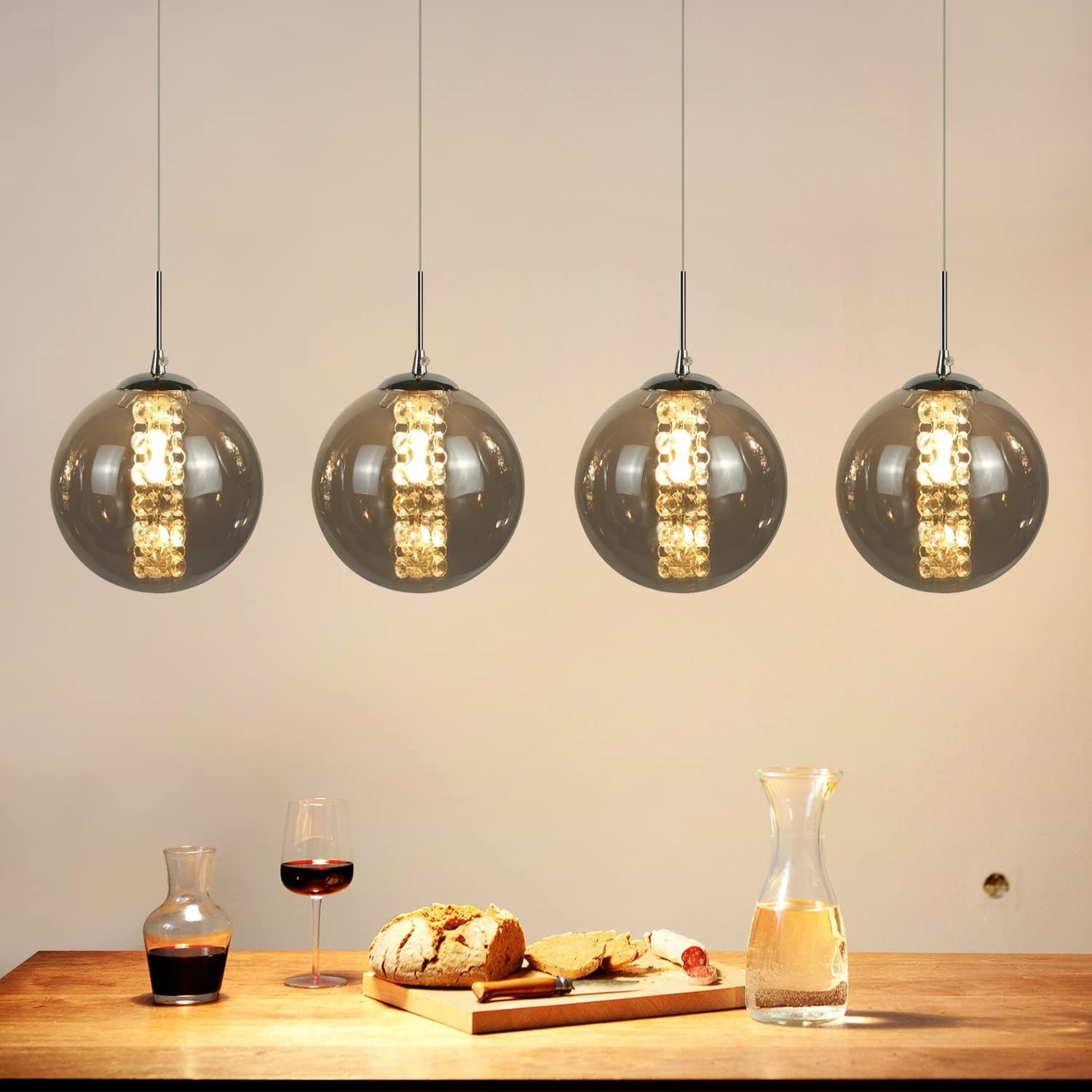 NETTLIFE pendellampa grå, glasdiameter, 70 cm, G9 matbordskrona Höjdjusterbar 4 färgade glödlampor, matbordslampa För köket