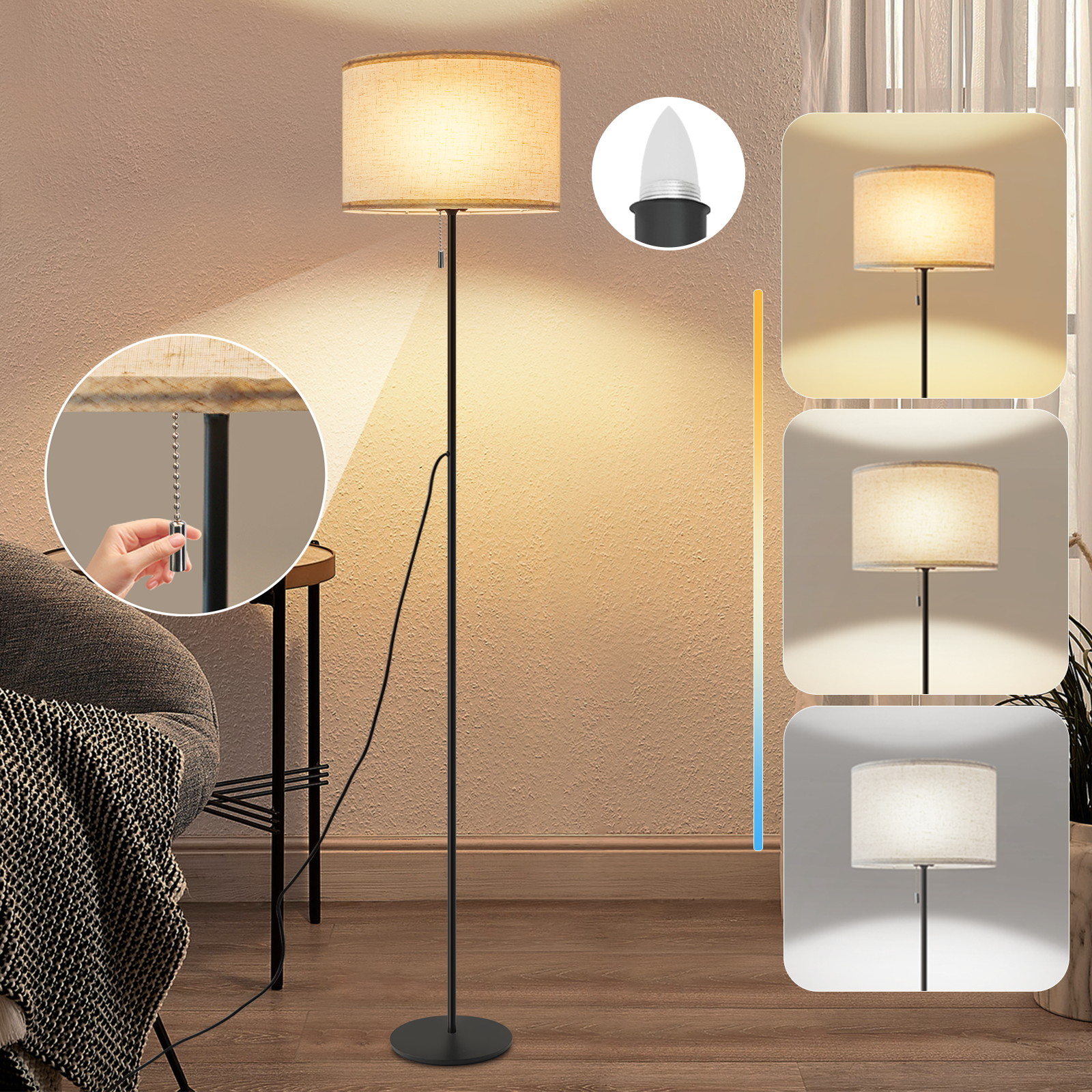 NETTLIFE Dimbar LED-golvlampa Retro Tygskärm för Vardagsrum med Dragströmbrytare