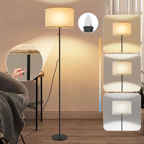 NETTLIFE Dimbar LED-golvlampa Retro Tygskärm för Vardagsrum med Dragströmbrytare