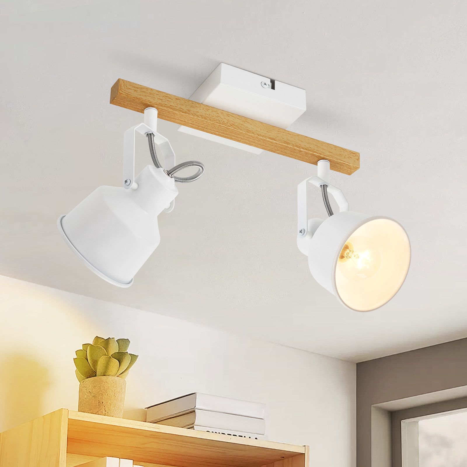 NETTLIFE Takspotlight med 2 lågor och 350° justerbar vintage-sockel - E14 med högkvalitativ design, träådringsmönster