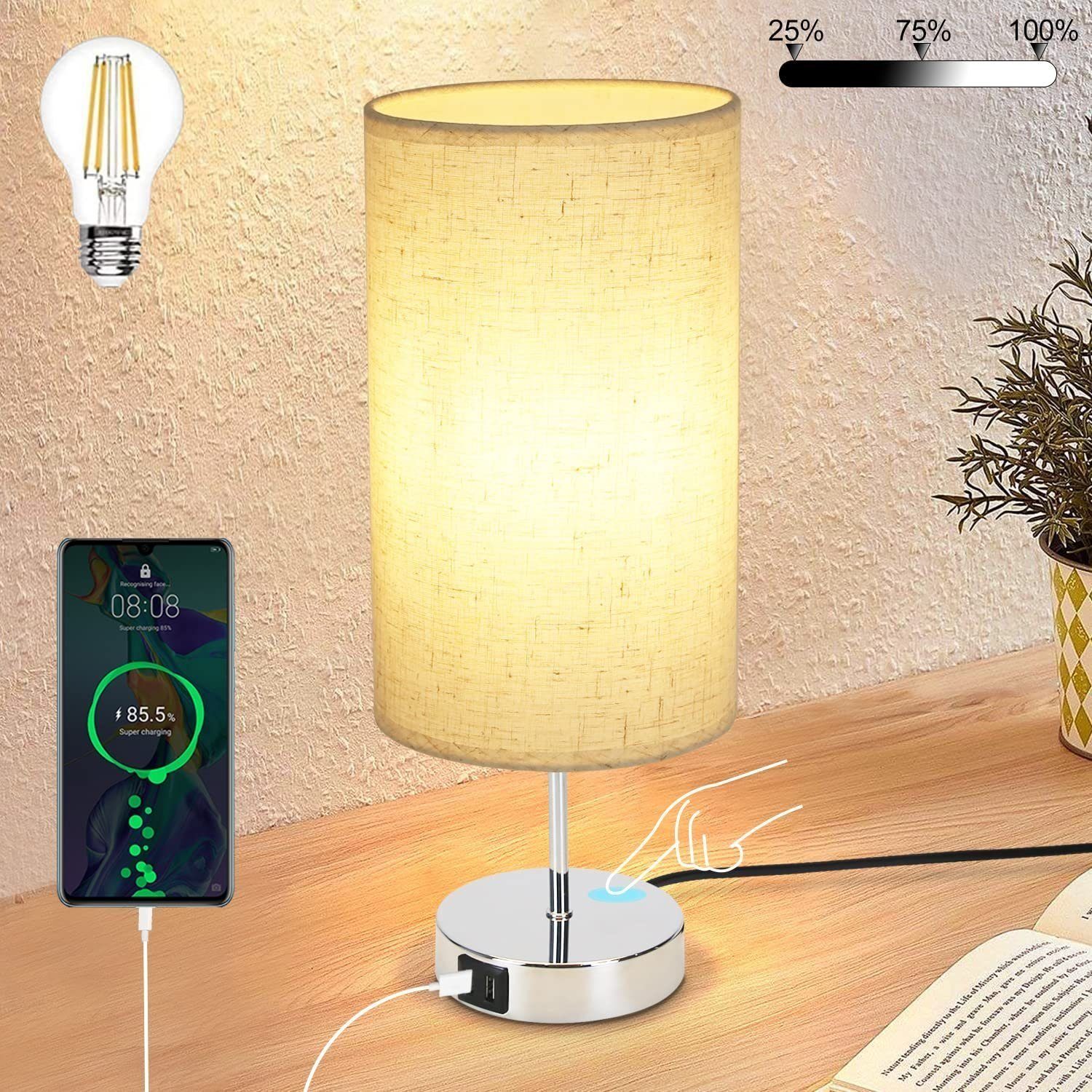 NETTLIFE DimmableTouch, Nattduksbordslampa, Med laddningsfunktion, Modern, Bordslampa, USB, E27, med