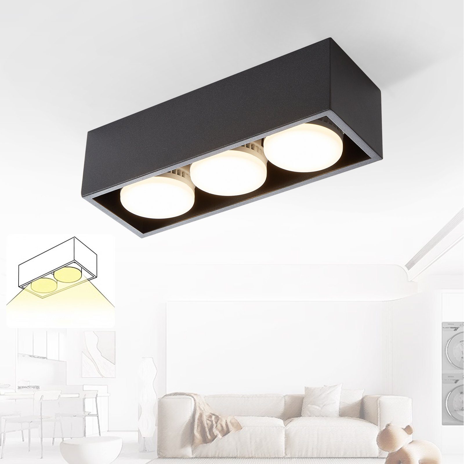 NETTLIFE 3 LED utanpåliggande takspotlight fyrkantig svart justerbar varmvit 3x5W GX53