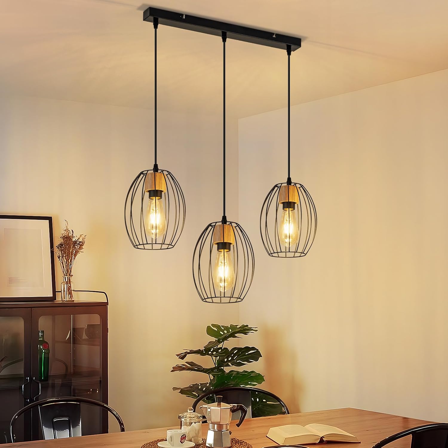 NETTLIFE Vintage Pendellampa 3-Svängarm Svart Retro Pendellampa Metall och Trä Vardagsrum Sovrum Kök E27 Utan Glödlampa