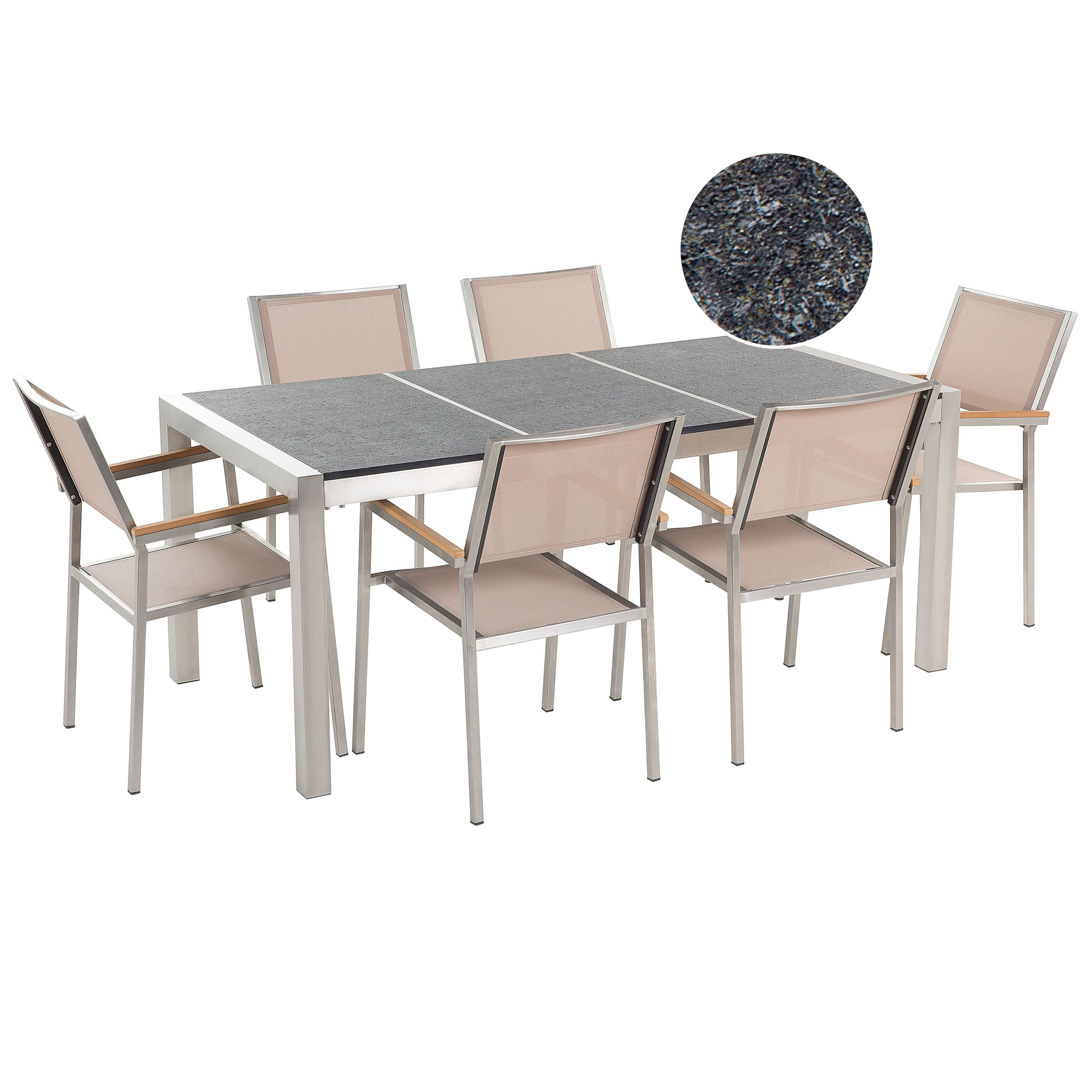 Trädgårdsmatgrupp 6-sits GROSSETO Trippelplatta Basalt Flammad Svart/ Beige