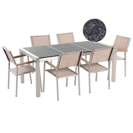 Trädgårdsmatgrupp 6-sits GROSSETO Trippelplatta Basalt Flammad Svart/ Beige