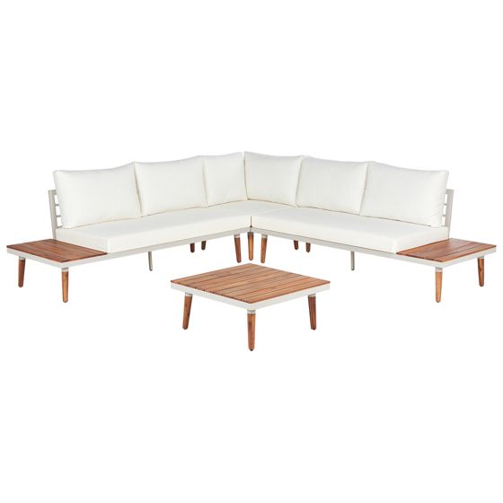 Trädgårdshörnsoffa med bord 5-sits CORATO Akaciaträ Off-White