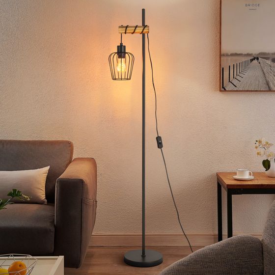 NETTLIFE golvlampa i trä Vintage golvlampa: Svart golvlampa för vardagsrummet E27-sockel 146 cm (utan glödlampa)