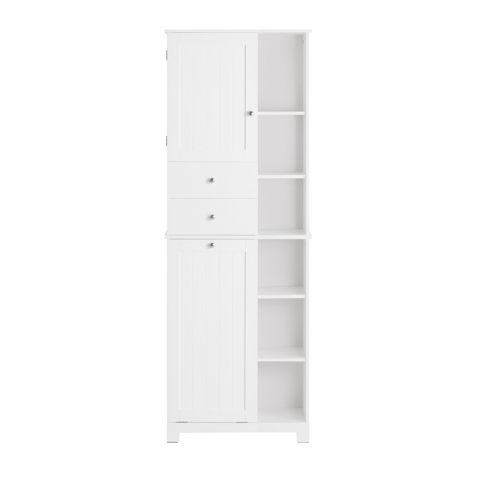 SoBuy Högt Badrumsförvaringsskåp med Tvättkorg Smal Fristående Badrumsenhet, Smalt Förvaringsskåp med Hyllor, Handduksförvaring, Vit 60x37x171 cm BZR104-W