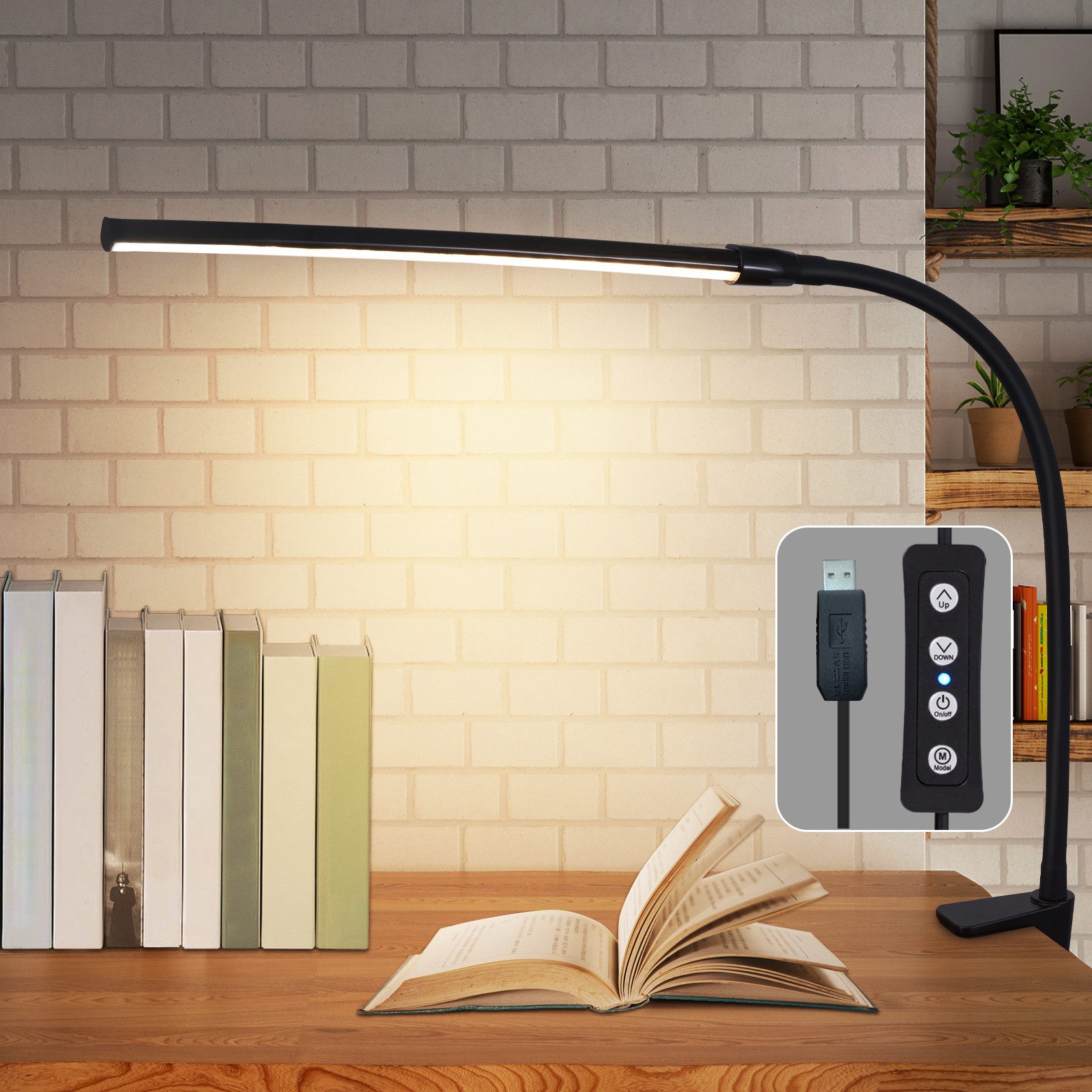 NETTLIFE LED - bordslampa, svart, klämma, 3 färger, 5 ljusstyrkenivåer, USB, 5W, dagsljuslampa, flexibel, ögonskydd