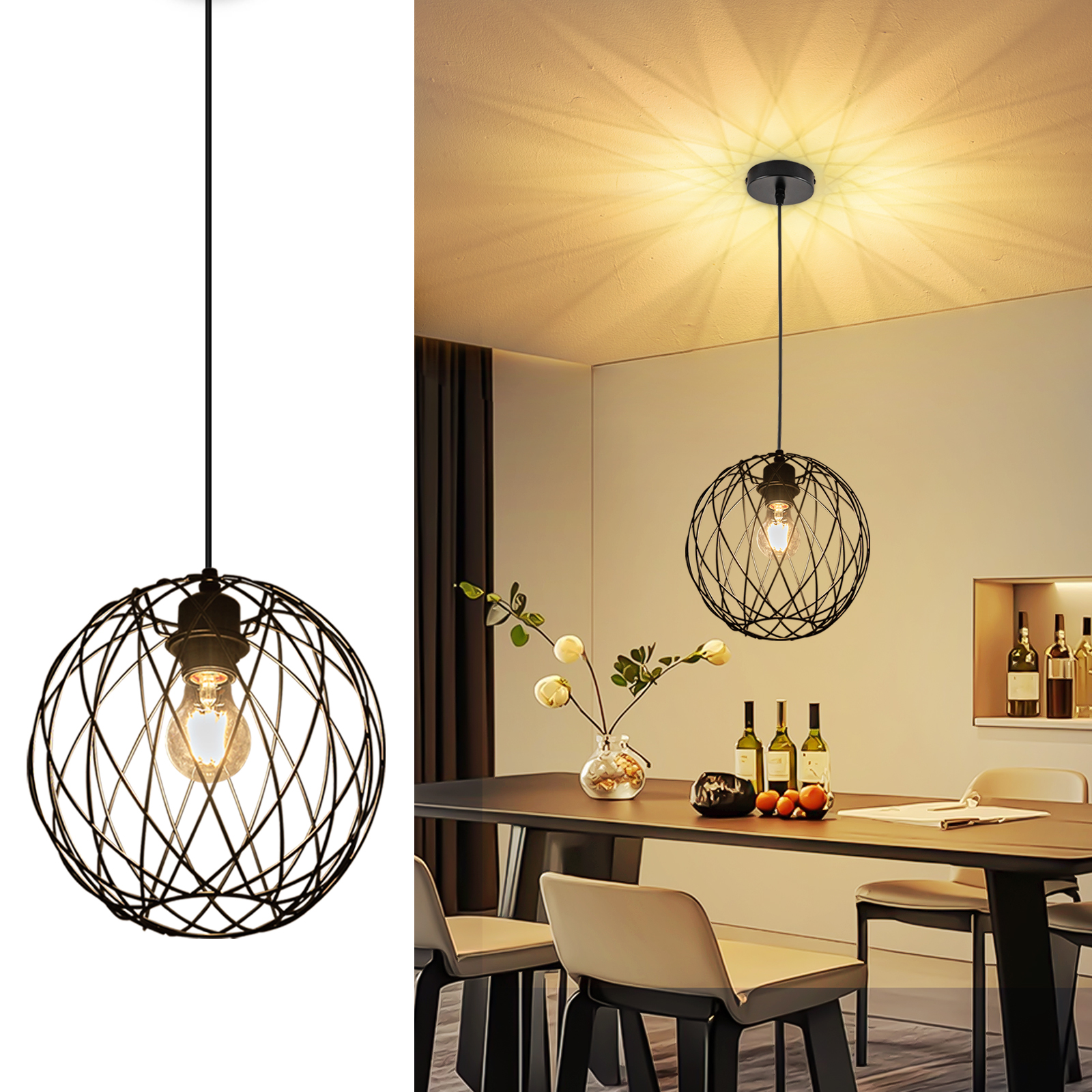 NETTLIFE rund, svart, pendellampa - Vintage - pendellampa, E27, industriell, retro - pendellampa, bordslampa