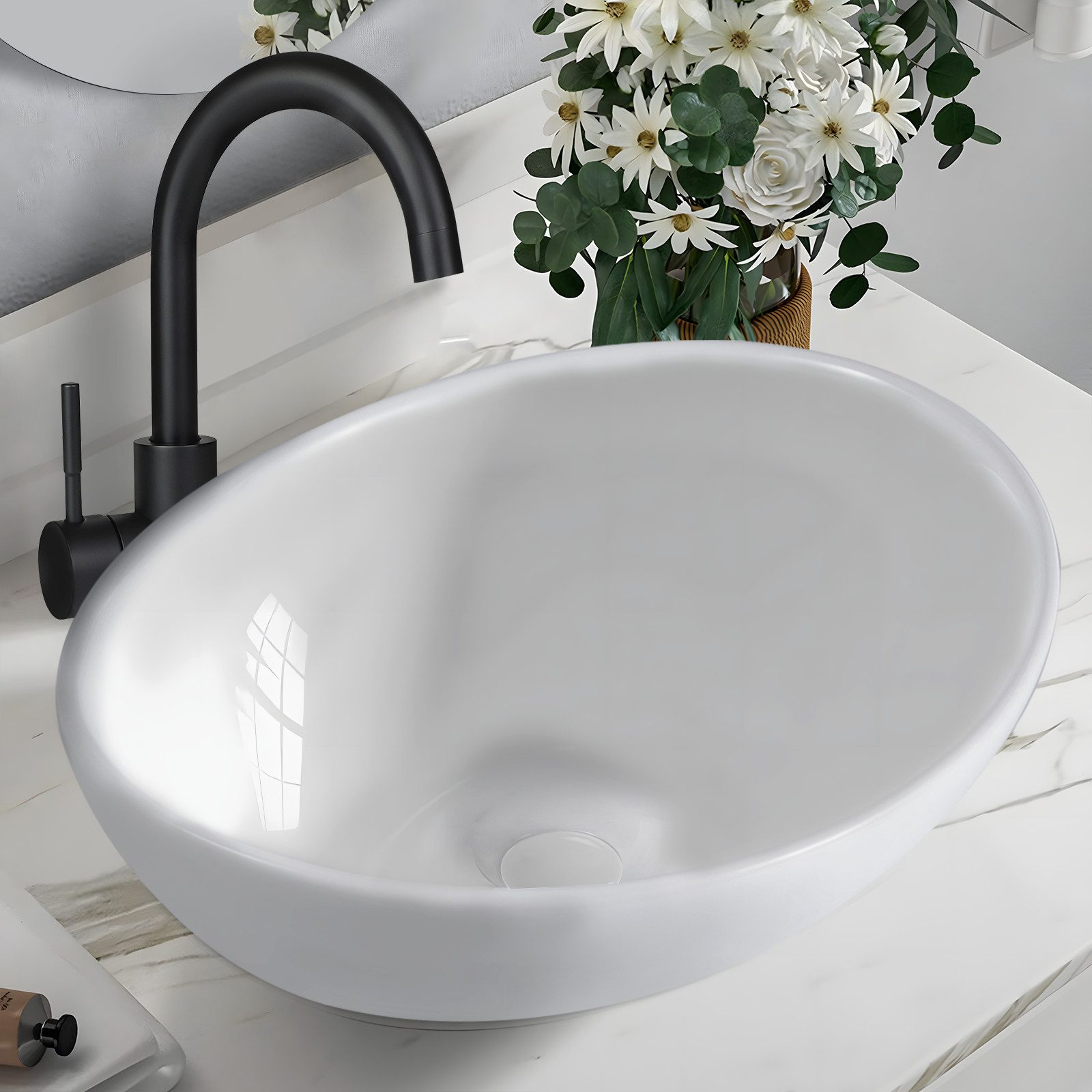 NETTLIFE bänkskiva, ovalt badrumshandfat med lotusmönster, vit 41*33 cm
