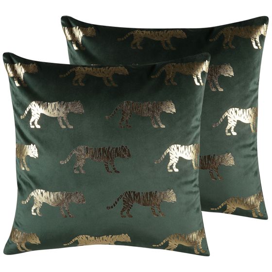 Set med 2 prydnadskuddar BLUEBELL 45 x 45 cm Sammet Mörkgrön Djurtryck