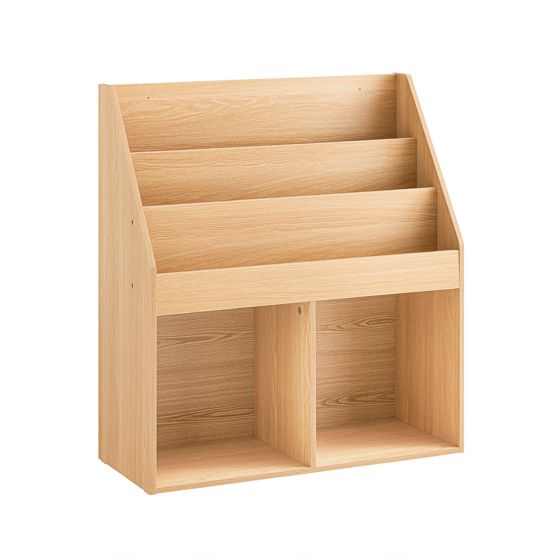 SoBuy Barnbokhylla och Leksaksförvaringsenhet med 3 Hyllor och 2 Förvaringsavdelningar – Barnbokhylla för Förskola och Barnrum, Naturlig Färg, 73x30x80 cm KMB01-N