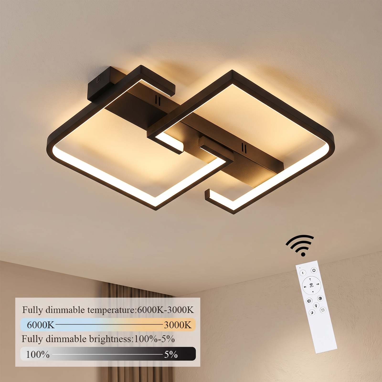 NETTLIFE LED-taklampa, 35 W, svart vardagsrumslampa dimbar med fjärrkontroll modern matbordslampa bordslampa