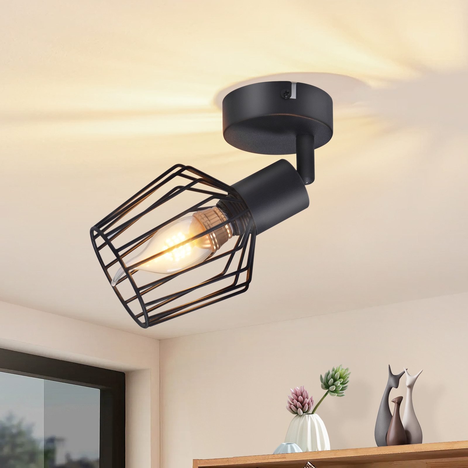 NETTLIFE E14 takspotlight - metall, 350° vridbar industriell halllampa, vägglampa för hall och vardagsrum, svart