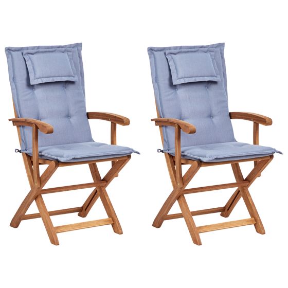 Set med 2 stolar med dynor MAUI II Akaciaträ Blå