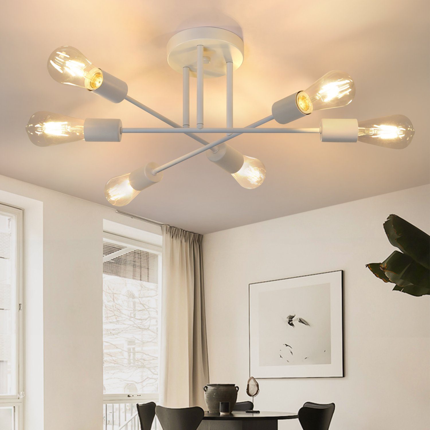 NETTLIFE - taklampa, E27, retrolampa, 6 ljus Vit ljuskrona, industriell, lantlig stil Belysning, för vardagsrum, max. 25W