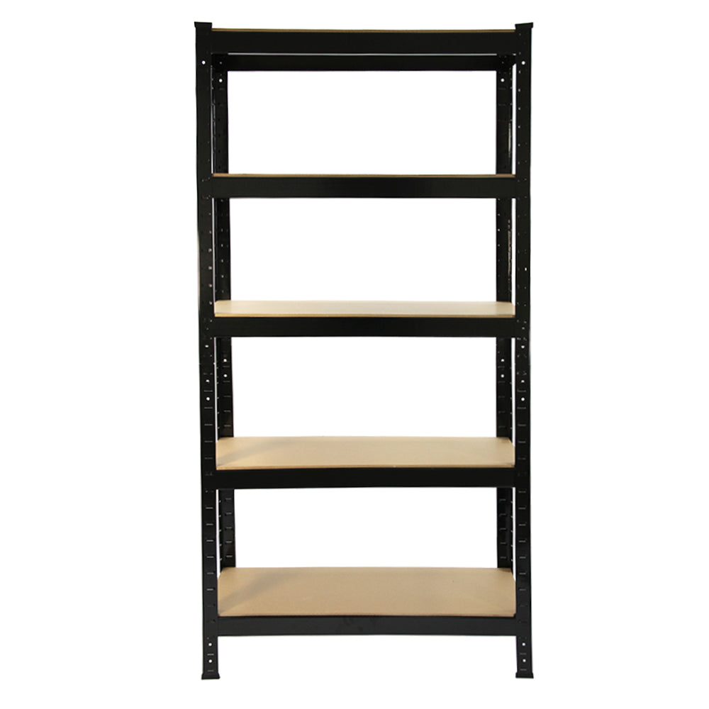 2 x T-RAX svarta metallhyllor 75 cm x 150 cm x 30 cm med lediga fackkopplingar