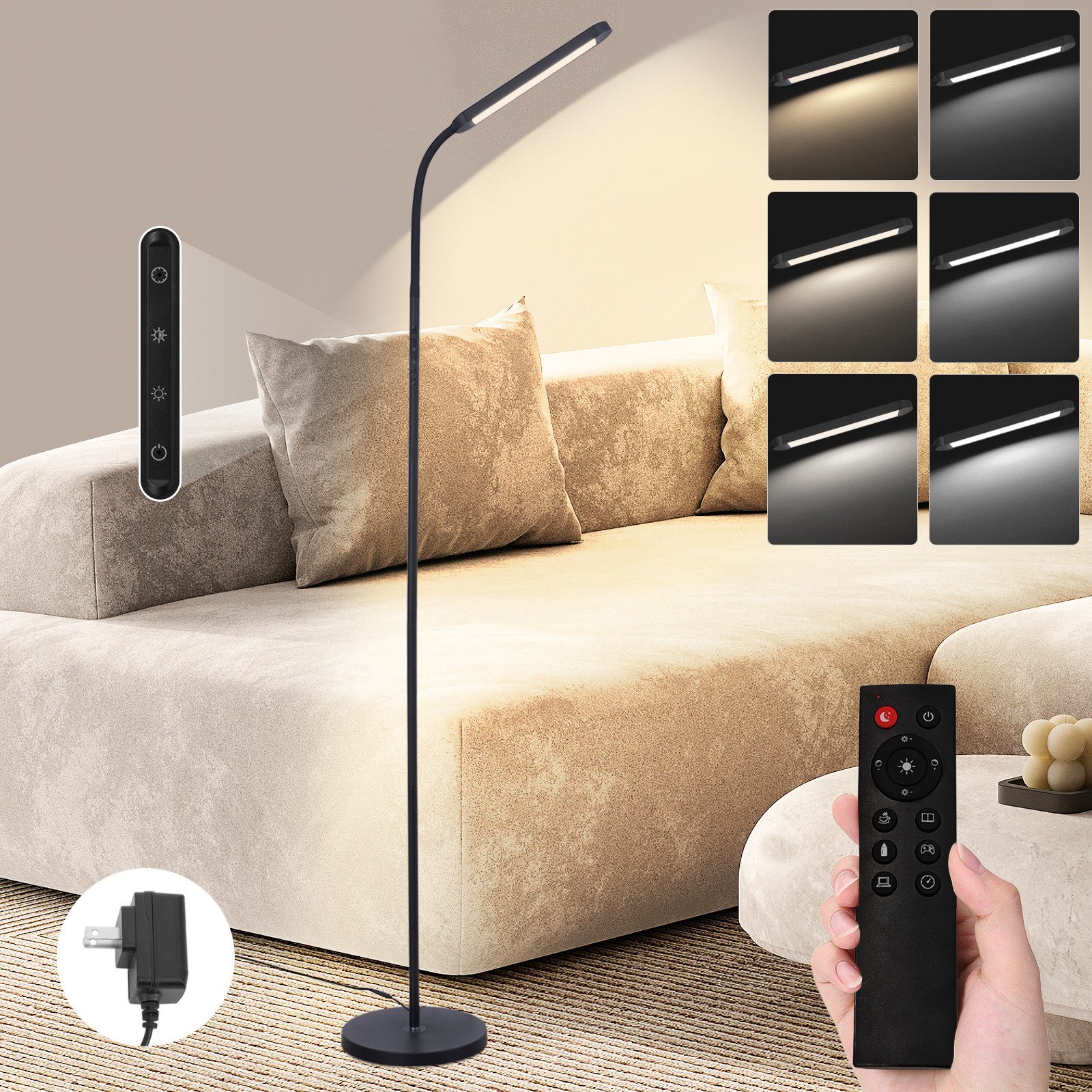 NETTLIFE LED - golvlampa för vardagsrum dimbar svart golvlampa 11w 360° flexibel soffa
