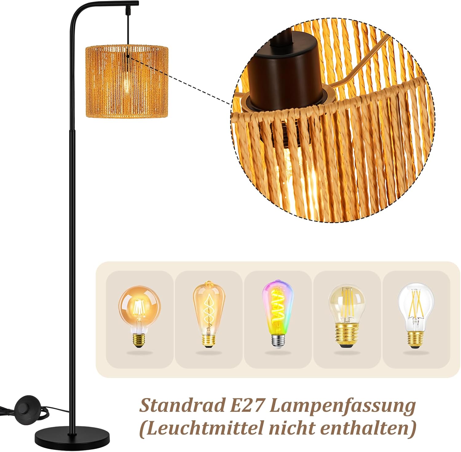 NETTLIFE Boho böjd golvlampa svart, repskärm, vintage E27, 164 cm, fotpedal för vardagsrum och sovrum