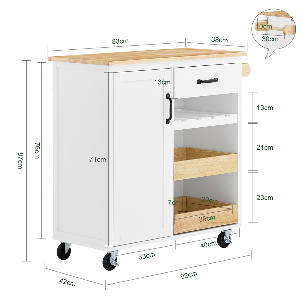 SoBuy Köksvagn på Hjul - Köksskåp med Bänkskiva i Gummiträ, Fristående Köksenhet för Matsal och Kaffestation, 92 x 42 x 87 cm, Vit FKW131-WN
