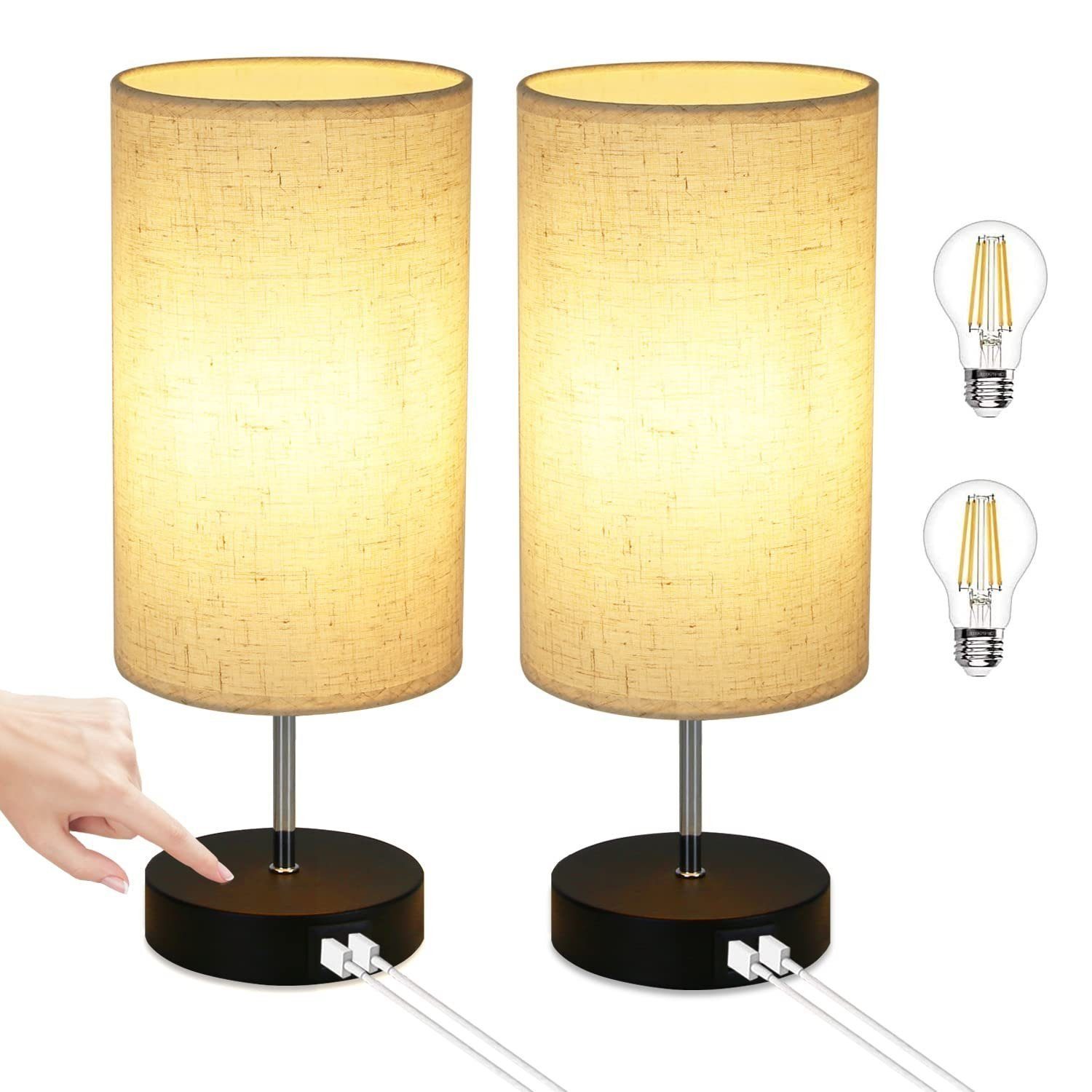 NETTLIFE 2 st, bordslampor, USB touch-nattlampa, svart Vintage dimbar, bordslampa, E27, med laddningsfunktion, modern