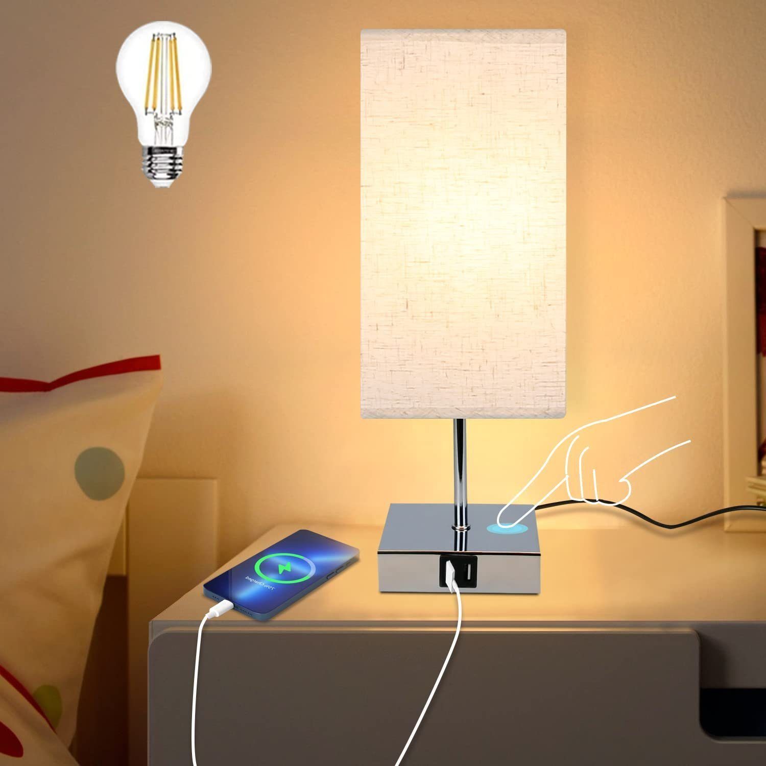 NETTLIFE Dimbar, Touch-nattlampa, Vintage, Tygskärm, E27, med USB-laddningsfunktion