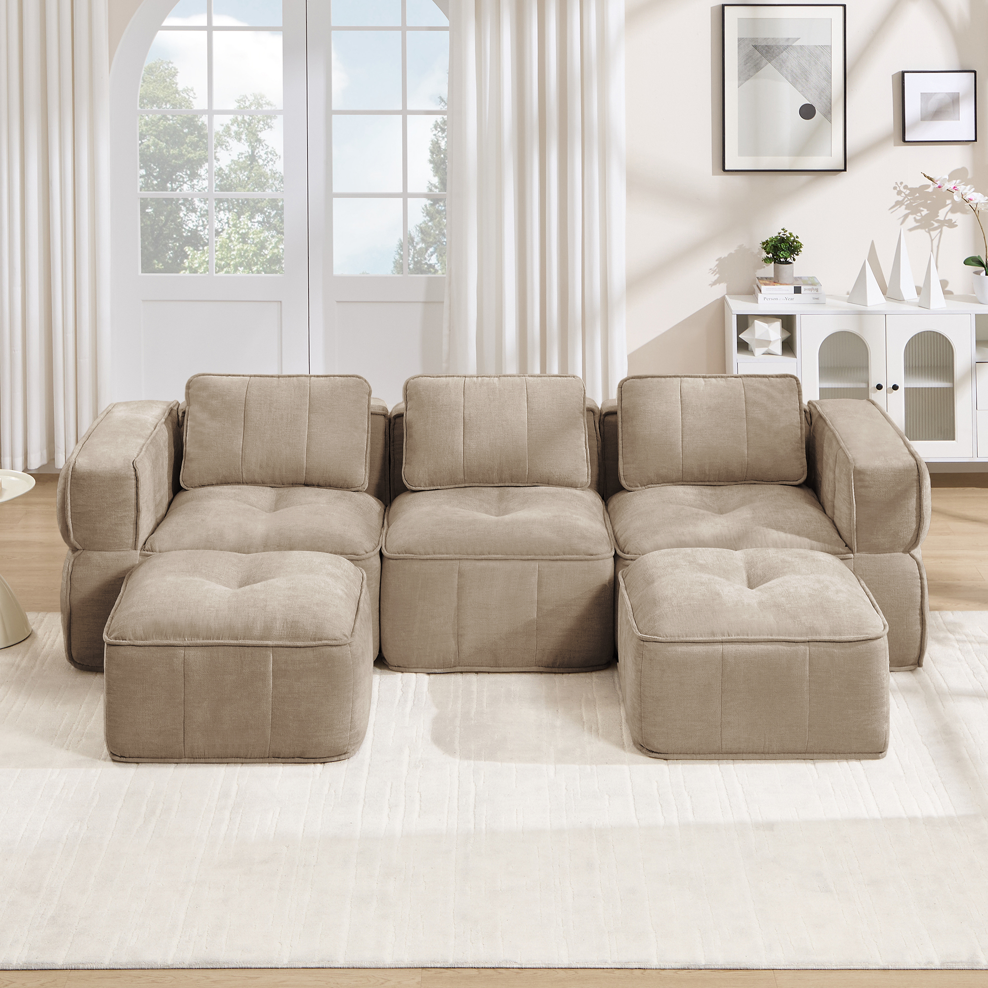 3-sitssoffa med 2 fotpallar, minimalistisk, polyester-sandfärgad