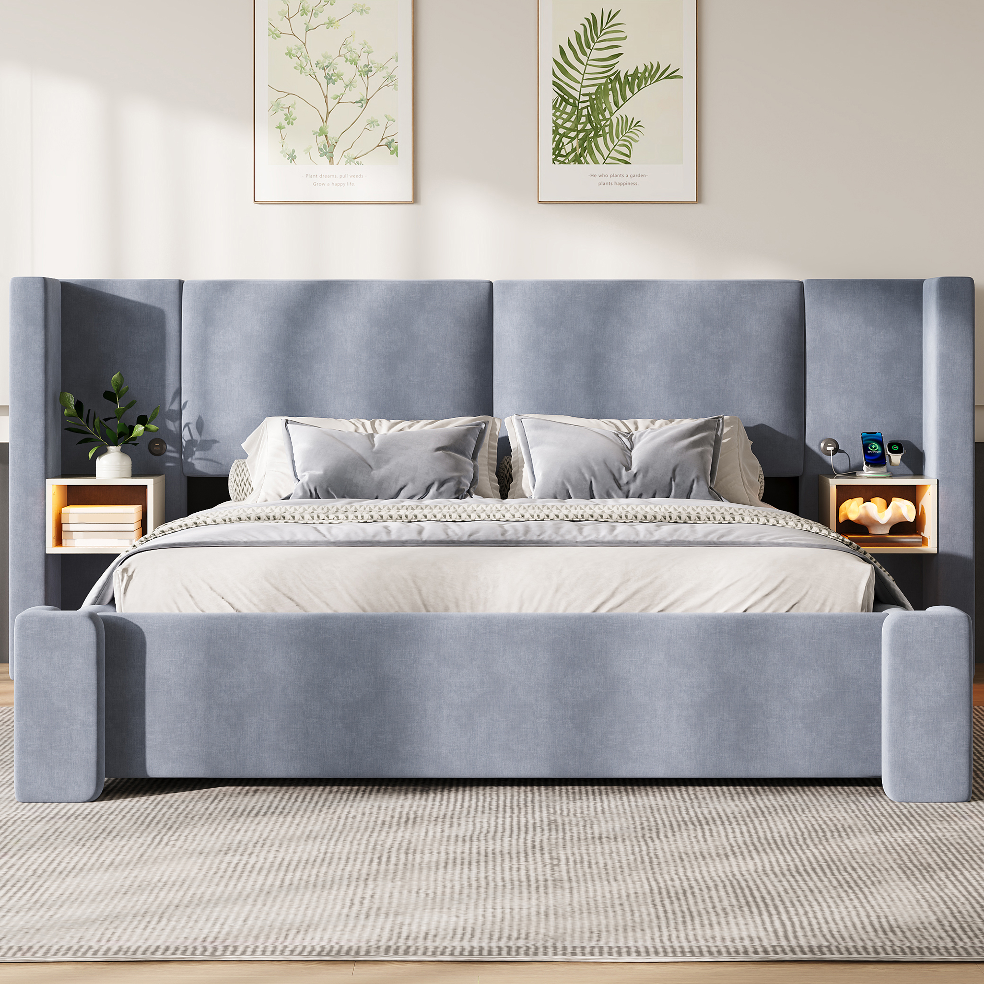 Säng med stoppad gavel 180x200 cm med gasfjäderförvaring, beige linne