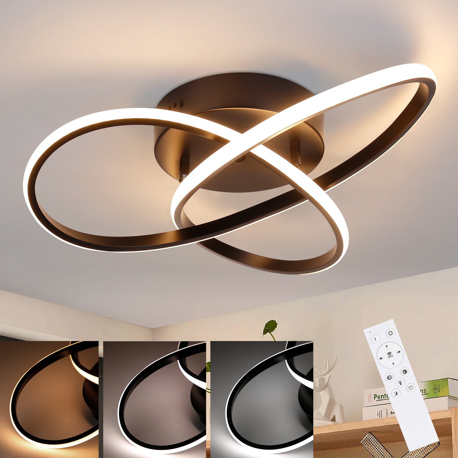 NETTLIFE dimbar LED-taklampa, 33W, svart glödlampa Med fjärrkontroll modern, sovrumslampa 40cm för vardagsrum Kök Hall