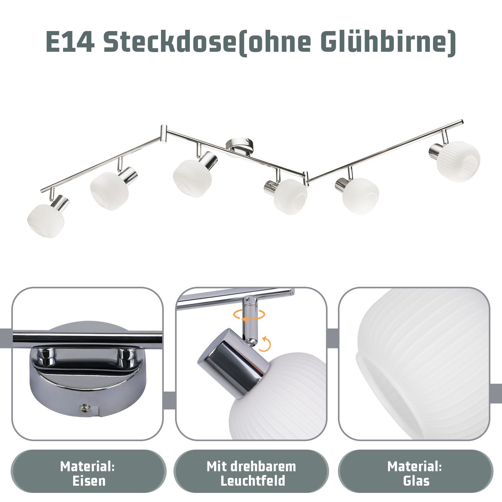 NETTLIFE vit takspotlight E14 taklampa 6 ljuskällor för inomhusbruk glasskärm justerbar spotlight
