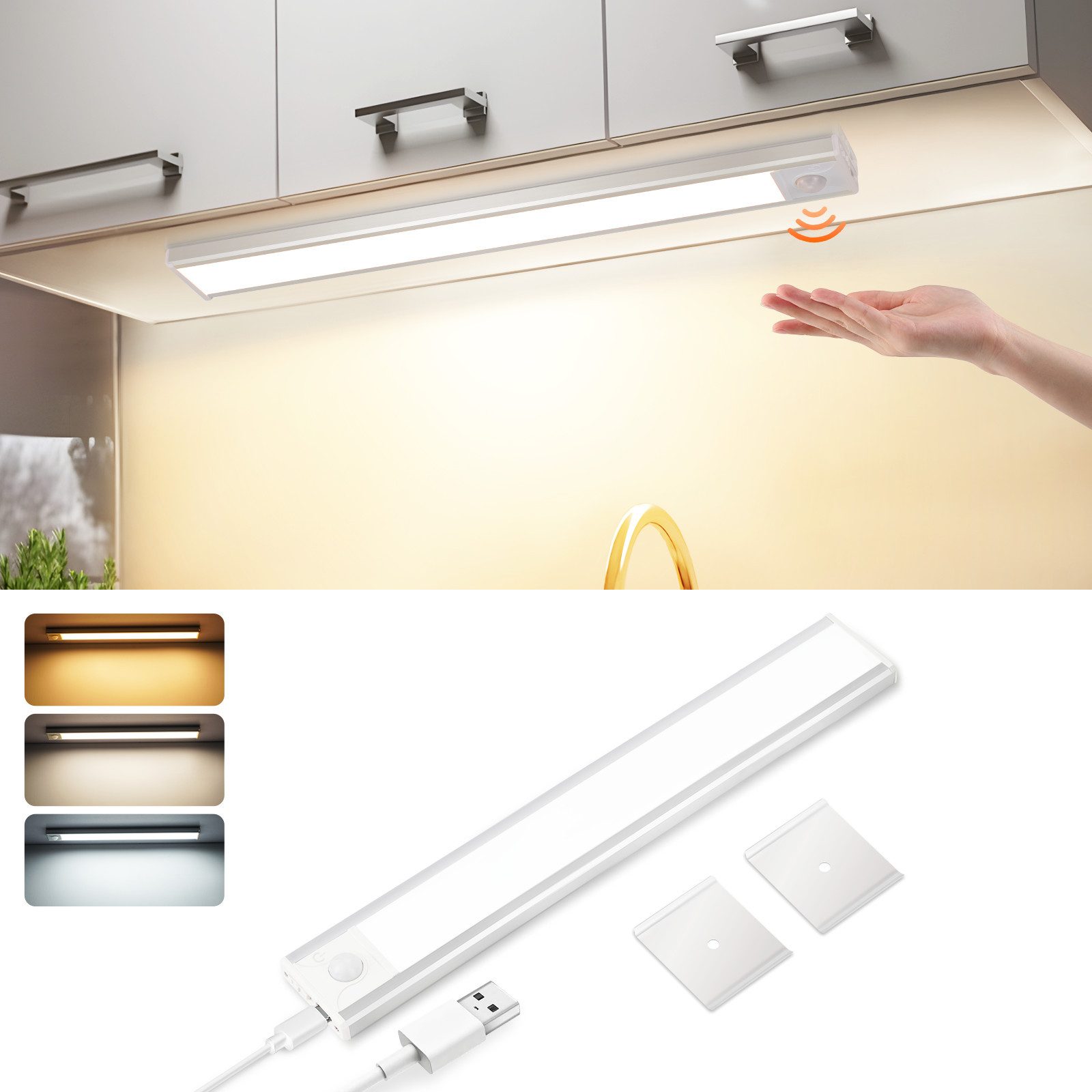 NETTLIFE LED-underskåpslampa med rörelsesensor, USB-laddningsbar, 1500 mAh, perfekt för garderob, hall eller garderober