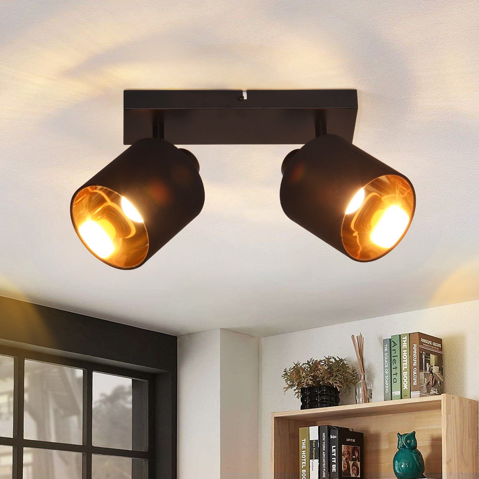 NETTLIFE 2 svarta vintage takspotlights E14 350° roterbara med tygskärm för vardagsrum, sovrum, kök, utan glödlampa