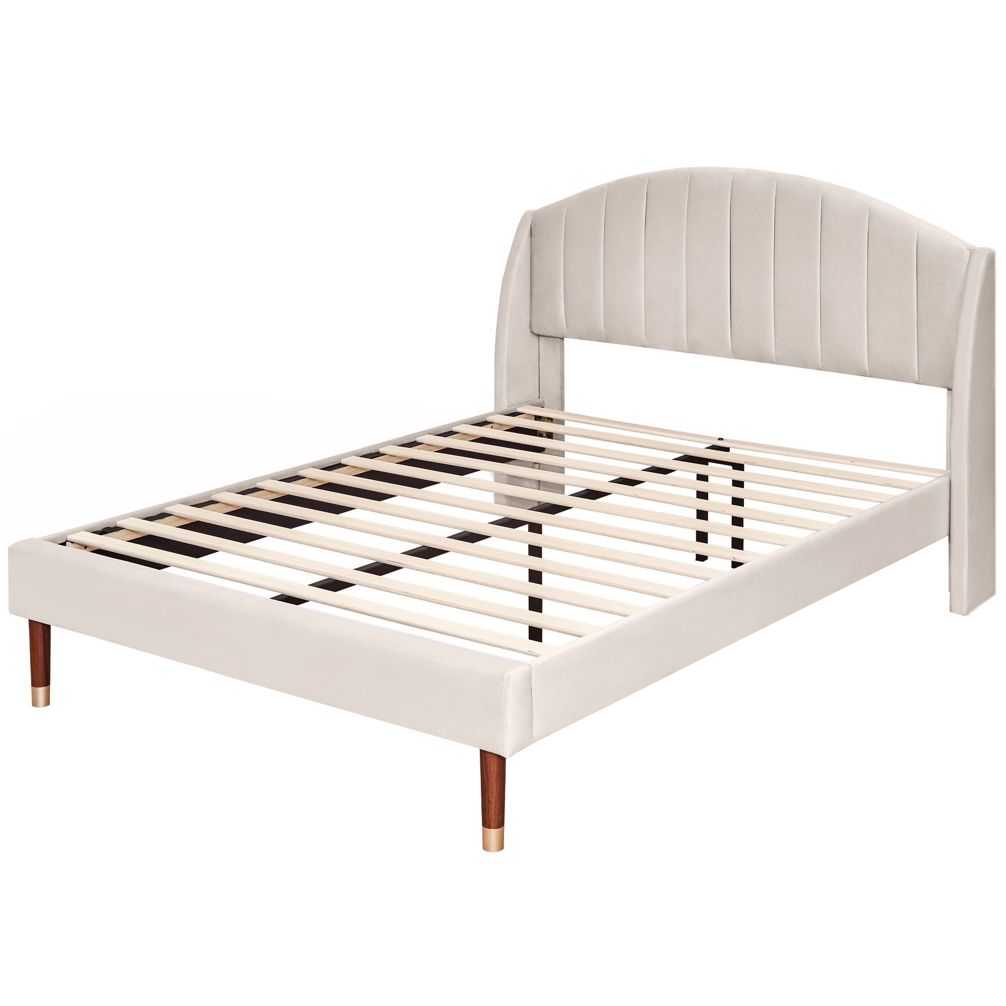 Klädd säng 140 x 190 cm, beige sammet