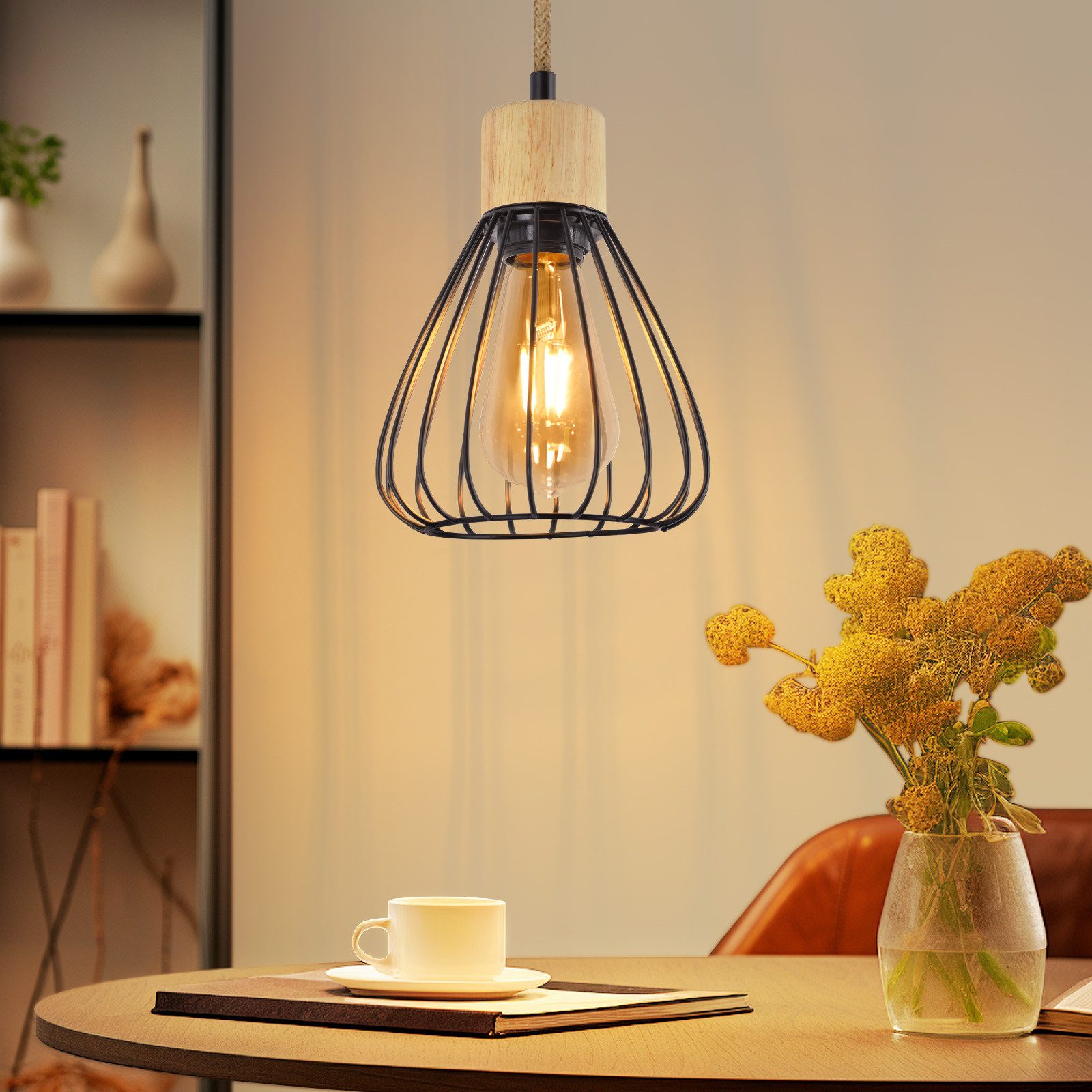 NETTLIFE pendellampa matbord svart metall matplats 1 låga retro industriellt trä hamparep E27