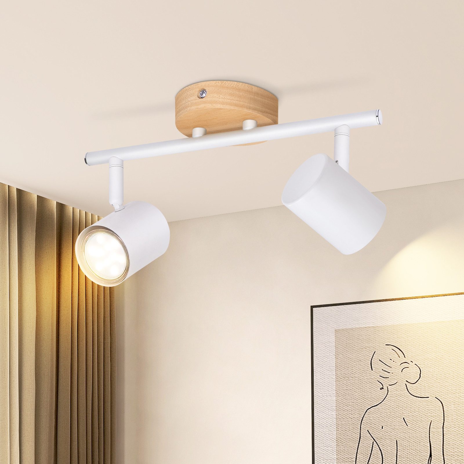 NETTLIFE LED-taklampa med 2 lågor - Vit GU10-taklampa Roterande spotlight i trä Utan glödlampa