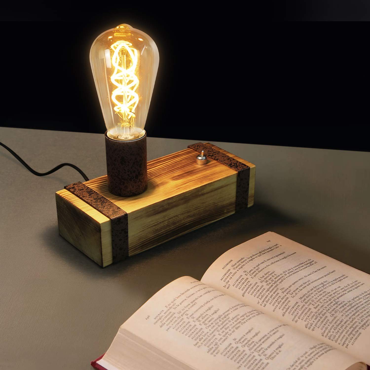 NETTLIFE Vintage - trä, bordslampa, retrostil, 20 cm, E27 - sänglampa, glödlampor ingår ej i priset